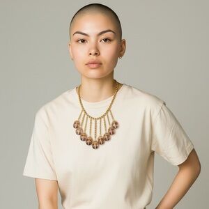 Stunning Vintage Bib Necklace w/Light Pink Glass Balls Souble Gold Chain 11" L